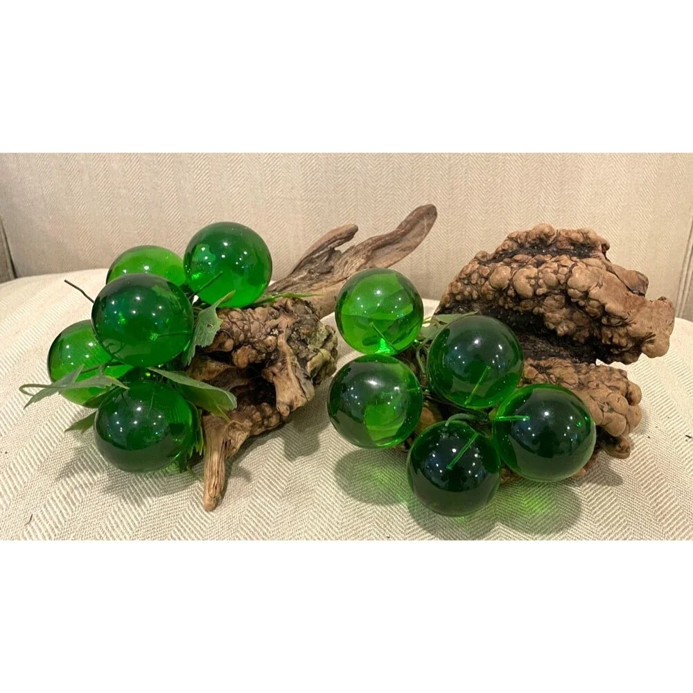 RARE Vintage Large Green Lucite Grape Cluster on Driftwood Burl Wood 8